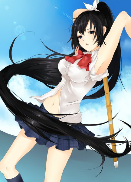 Anime picture 1300x1800 with original ahiru (kirakirafifty) single long hair tall image highres blue eyes black hair ponytail kendo girl skirt miniskirt serafuku shinai