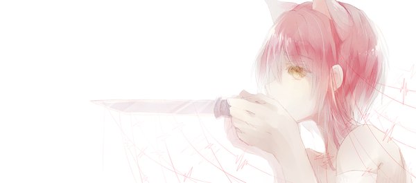 Anime picture 2800x1239 with original ryaku-ko (artist) single blush highres short hair simple background wide image white background bare shoulders animal ears yellow eyes pink hair profile cat ears girl knife