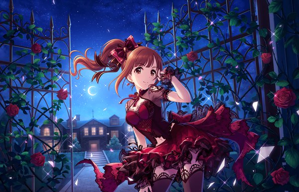 Anime picture 2560x1648 with idolmaster idolmaster cinderella girls idolmaster cinderella girls starlight stage igarashi kyouko single long hair looking at viewer fringe highres breasts smile brown hair brown eyes payot sky cleavage outdoors blunt bangs nail polish night