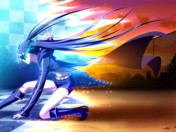 Anime picture 1024x768 with black rock shooter black rock shooter (character) xai single long hair blue eyes black hair twintails magic glowing glowing eye (eyes) checkered background girl shorts coat