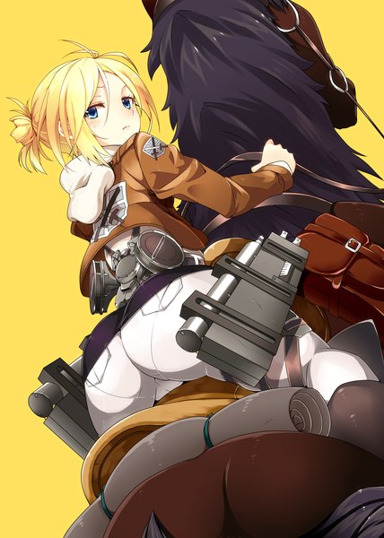 Anime picture 2303x3230 with shingeki no kyojin production i.g annie leonhart kotomuke fuurin single tall image highres short hair blue eyes light erotic blonde hair ass looking back yellow background girl weapon sword jacket boots belt