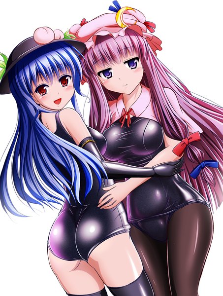 Anime picture 1511x2000 with touhou patchouli knowledge hinanawi tenshi honda takaharu (artist) long hair tall image looking at viewer breasts open mouth light erotic red eyes large breasts purple eyes multiple girls blue hair purple hair ass crescent girl thighhighs