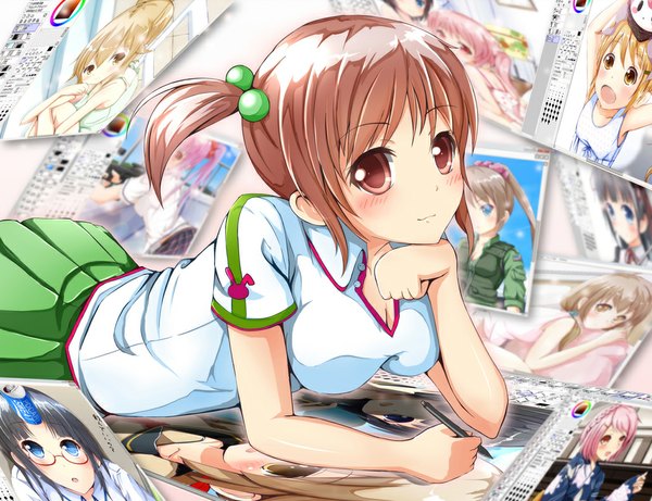 Anime picture 1028x790 with original ok-ray single blush short hair smile brown hair brown eyes ponytail pleated skirt arm support side ponytail on stomach girl skirt uniform hair ornament school uniform hair tie hair bobbles