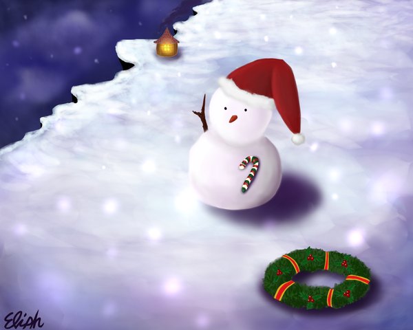 Anime picture 1280x1024 with original elish fur trim light snowing christmas winter snow hat fur branch santa claus hat vegetables carrot snowman hose