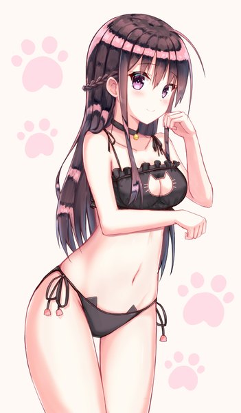 Anime picture 1231x2100 with original tukisiro nao single long hair tall image looking at viewer blush fringe breasts light erotic black hair smile hair between eyes standing purple eyes payot ahoge underwear only half updo paw print