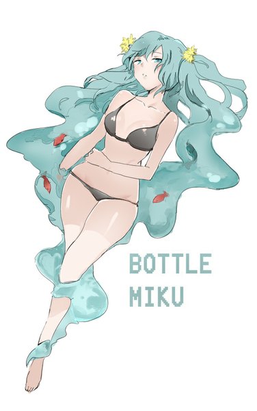 Anime picture 600x955 with vocaloid hatsune miku bottle miku bxr single tall image looking at viewer light erotic simple background white background twintails very long hair hair flower aqua eyes aqua hair midriff character names wide hips liquid hair girl