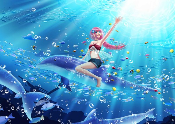 Anime picture 3274x2315 with original ai (pixiv id 3383402) long hair highres open mouth blue eyes pink hair absurdres braid (braids) armpit (armpits) underwater girl water sea bubble (bubbles) fish (fishes) dolphin