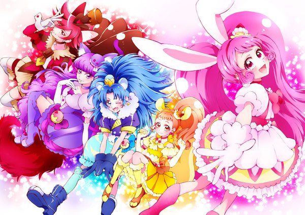 Anime picture 1500x1057 with precure kirakira precure a la mode toei animation usami ichika kenjou akira cure whip kotozume yukari cure chocolat cure macaron arisugawa himari tategami aoi cure custard cure gelato mikan (mikataaaa) long hair looking at viewer blush fringe short hair breasts