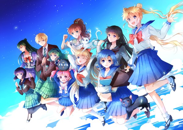 Anime picture 1754x1240 with bishoujo senshi sailor moon toei animation tsukino usagi chibiusa aino minako kino makoto mizuno ami hino rei tomoe hotaru kaiou michiru tenou haruka meiou setsuna luna (sailor moon) luna p artemis (sailor moon) lazy orange long hair looking at viewer highres short hair