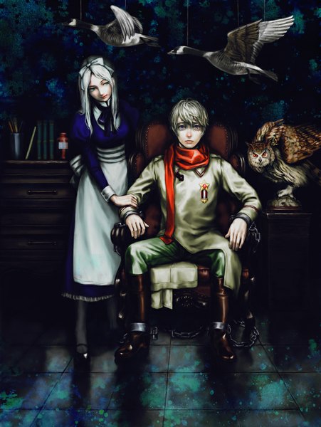 Anime picture 751x1000 with axis powers hetalia studio deen russia (hetalia) belarus (hetalia) belka (pixiv id536232) long hair tall image looking at viewer short hair blue eyes blonde hair sitting purple eyes looking away girl dress boy ribbon (ribbons) hair ribbon animal