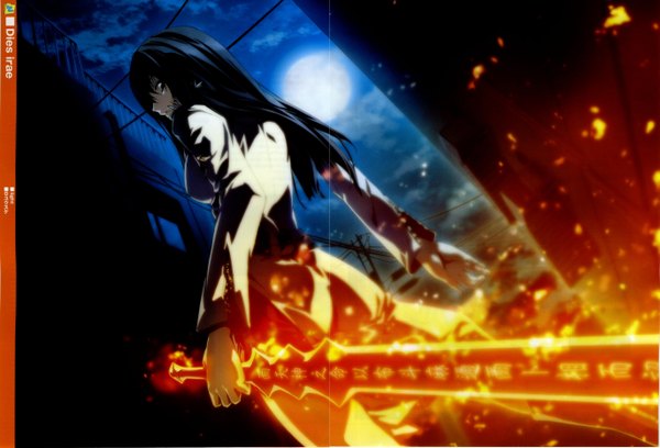 Anime picture 2741x1865 with dies irae highres black hair black eyes hieroglyph girl weapon sword moon full moon fire