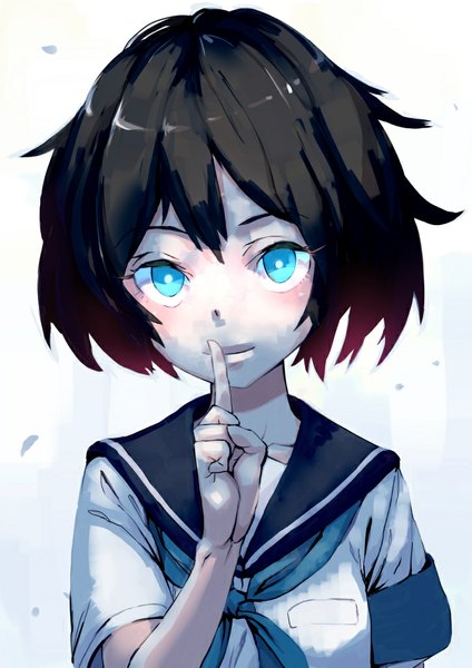 Anime picture 724x1024 with original ginshio single tall image looking at viewer blush short hair blue eyes black hair simple background finger to mouth close-up girl uniform serafuku