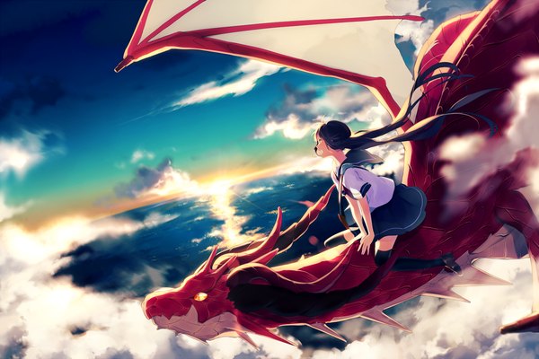 Anime picture 1500x1000 with original achiki single long hair blush open mouth black hair smile twintails sky cloud (clouds) horn (horns) sunlight zettai ryouiki horizon flying fantasy sunbeam morning sunrise