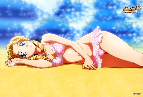 Anime picture 5276x3579 with super robot wars super robot wars original generation shine hausen kouno yoshitaka single long hair highres blue eyes light erotic blonde hair absurdres lying scan official art beach sand girl swimsuit bikini plaid bikini