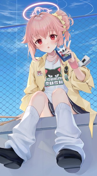 Anime picture 2301x4173 with blue archive natsu (blue archive) natsu (band) (blue archive) ion (on01e) single tall image looking at viewer fringe highres short hair hair between eyes red eyes sitting holding pink hair sky full body ahoge hair bun (hair buns) official alternate costume