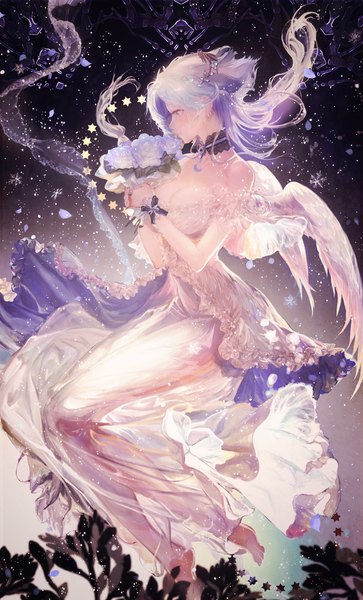 Anime picture 666x1100 with original yaku (ziroken) single long hair tall image blue hair barefoot aqua eyes sparkle snowing winter angel wings girl dress flower (flowers) plant (plants) petals wings headdress white dress