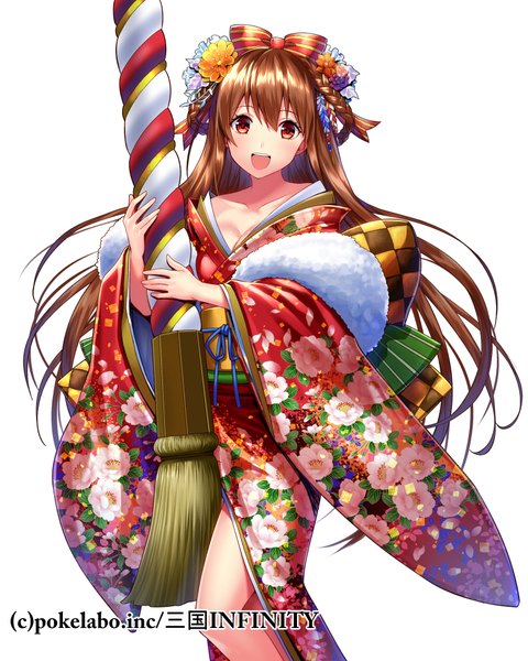 Anime picture 800x1000 with fuji minako single long hair tall image blush open mouth simple background red eyes brown hair white background traditional clothes japanese clothes girl hair ornament bow hair bow kimono