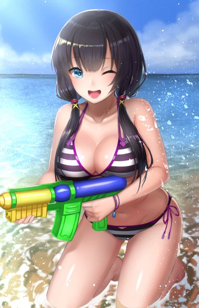 Anime picture 646x1000 with original mizuya nao single long hair tall image looking at viewer breasts open mouth blue eyes light erotic black hair large breasts twintails holding sky cleavage outdoors one eye closed beach kneeling