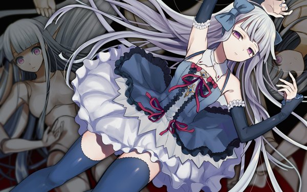 Anime picture 1600x1000 with original harano single long hair wide image purple eyes lying nail polish grey hair girl thighhighs dress bow black thighhighs hair bow detached sleeves lace doll (dolls)