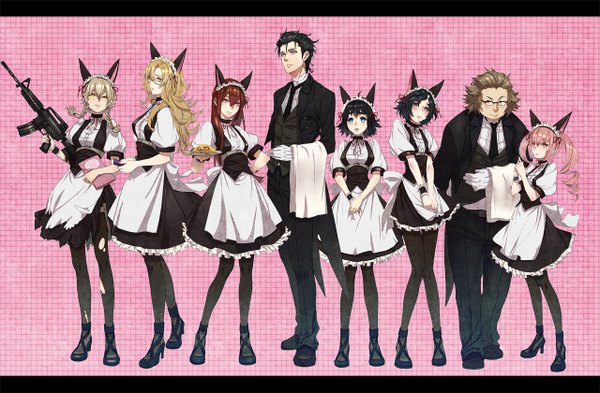 Anime picture 1280x840 with steins;gate white fox makise kurisu shiina mayuri okabe rintarou faris nyannyan amane suzuha urushibara ruka kiryuu moeka hashida itaru long hair blush short hair blue eyes black hair blonde hair brown hair purple eyes multiple girls green eyes