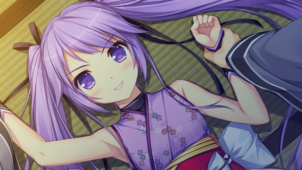 Anime picture 1280x720 with sengoku hime 4 long hair wide image purple eyes twintails game cg purple hair traditional clothes loli girl ribbon (ribbons) hair ribbon