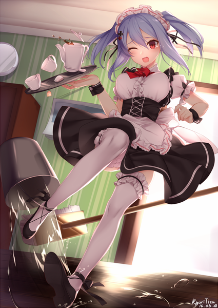 Anime picture 700x989 with original kyuri tizu single long hair tall image looking at viewer blush open mouth light erotic red eyes blue hair one eye closed maid tea set girl thighhighs dress uniform white thighhighs frills