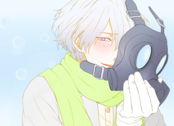 Anime picture 1181x856 with dramatical murder nitro+chiral clear (dmmd) kuwa ayase ossan single looking at viewer blush short hair open mouth simple background smile white hair pink eyes blue background boy gloves white gloves scarf bubble (bubbles)