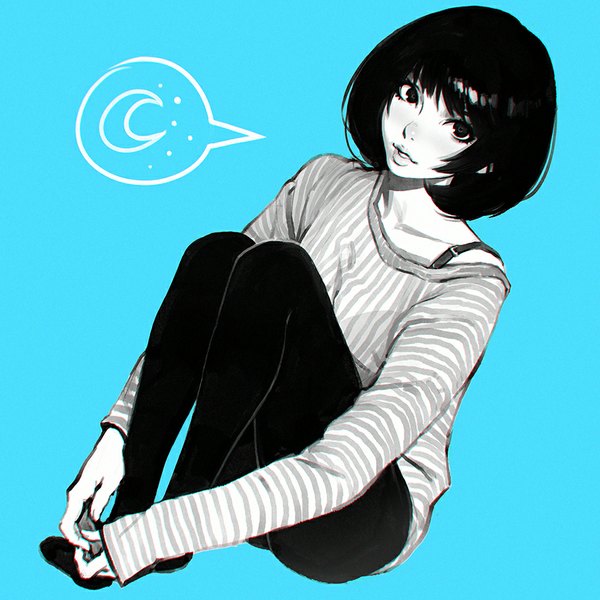 Anime picture 900x900 with original ilya kuvshinov single fringe short hair simple background sitting looking away bent knee (knees) long sleeves parted lips no shoes monochrome blue background crescent girl lingerie bra moon sweater