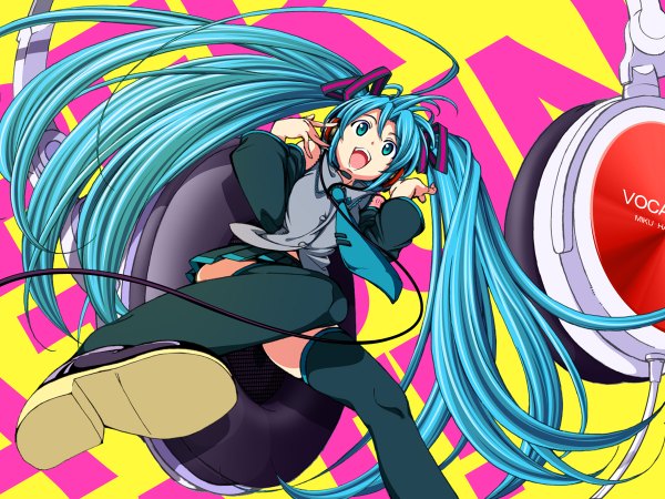 Anime picture 1200x900 with vocaloid hatsune miku azuma syoujuan open mouth smile very long hair pleated skirt aqua eyes aqua hair from below zettai ryouiki soles girl thighhighs skirt detached sleeves necktie headphones thigh boots vest