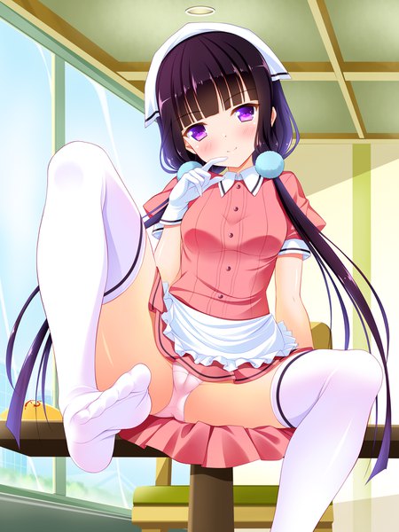 Anime picture 1350x1800 with blend s a-1 pictures sakuranomiya maika bashen chenyue single long hair tall image looking at viewer blush fringe light erotic black hair purple eyes twintails blunt bangs spread legs legs low twintails cameltoe leg lift (legs lift)