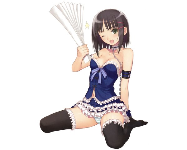Anime picture 1920x1536 with hayate no gotoku! aizawa sakuya tagme (artist) single blush highres short hair open mouth light erotic black hair simple background white background sitting bare shoulders green eyes one eye closed barefoot wink girl thighhighs