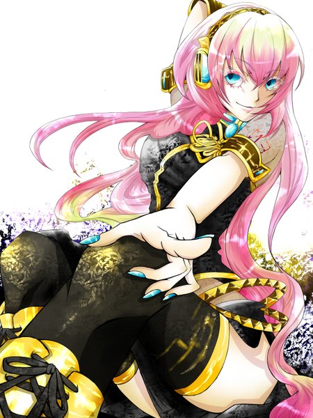 Anime picture 1200x1600 with vocaloid megurine luka single long hair tall image fringe smile sitting pink hair nail polish aqua eyes tattoo girl thighhighs boots headphones thigh boots