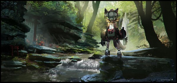 Anime picture 1500x703 with original lownine (amuza) single looking at viewer wide image signed animal ears traditional clothes japanese clothes fox ears scenic waterfall stream weapon plant (plants) tree (trees) water mask forest torii