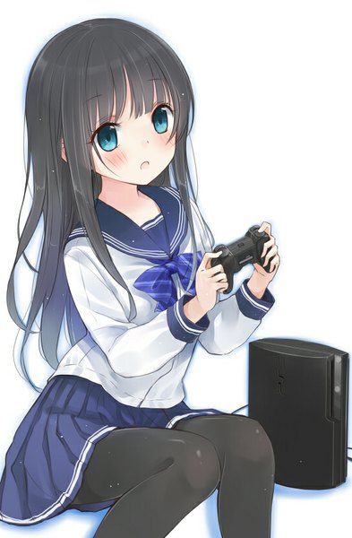 Anime picture 541x824 with original sony maigoyaki single long hair tall image looking at viewer blush fringe open mouth blue eyes black hair simple background smile white background sitting holding bent knee (knees) pleated skirt girl