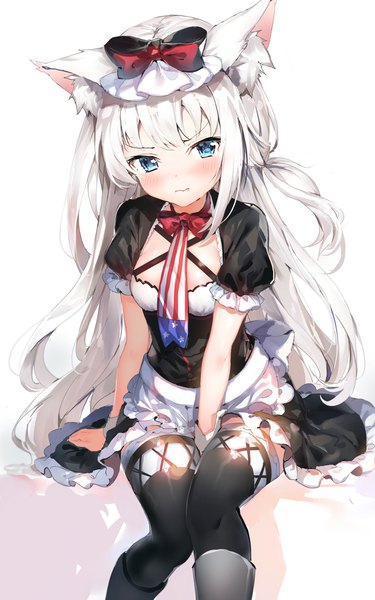 Anime picture 1346x2155 with azur lane hammann (azur lane) umibouzu (niito) single long hair tall image looking at viewer blush fringe blue eyes simple background white background sitting animal ears payot silver hair cat ears arm support short sleeves between legs