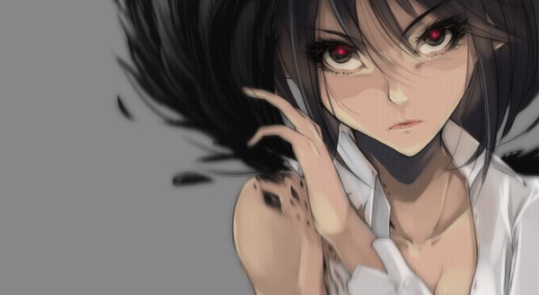 Anime picture 1228x672 with touhou shameimaru aya single looking at viewer fringe black hair simple background wide image upper body lips glowing close-up face glowing eye (eyes) girl shirt feather (feathers)