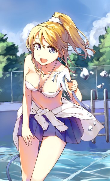 Anime picture 1325x2172 with love live! school idol project sunrise (studio) love live! ayase eli ytk (yutta-p) single long hair tall image looking at viewer fringe open mouth blue eyes light erotic blonde hair smile hair between eyes sky cleavage cloud (clouds) outdoors