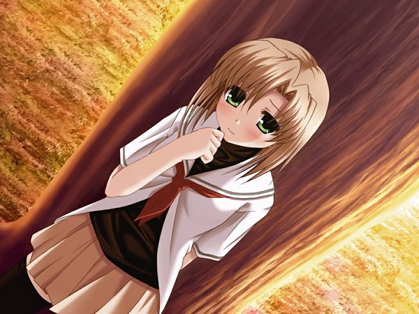 Anime picture 1024x768 with mahou hitotsu kudasaina (game) blonde hair green eyes game cg girl serafuku