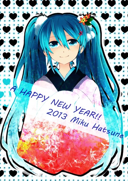 Anime picture 1200x1703 with vocaloid hatsune miku kanna (chaos966) single long hair tall image looking at viewer blue eyes smile twintails japanese clothes aqua hair inscription happy new year girl hair ornament bobby pin