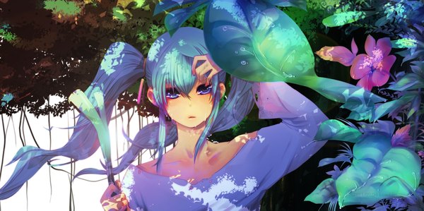 Anime picture 2000x997 with vocaloid hatsune miku kusolili (artist) single long hair highres blue eyes wide image twintails blue hair aqua hair girl plant (plants) leek