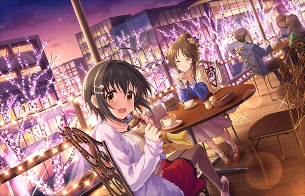 Anime picture 1280x824 with idolmaster idolmaster cinderella girls idolmaster cinderella girls starlight stage kohinata miho takamori aiko annindoufu (oicon) long hair looking at viewer blush short hair open mouth black hair brown hair sitting multiple girls yellow eyes ahoge eyes closed looking back official art