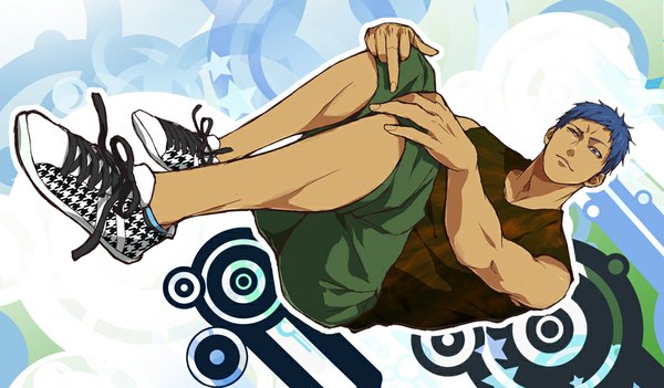 Anime picture 1024x600 with kuroko no basket production i.g aomine daiki zawar379 single looking at viewer short hair blue eyes wide image sitting bare shoulders blue hair dutch angle boy shoes shorts sneakers
