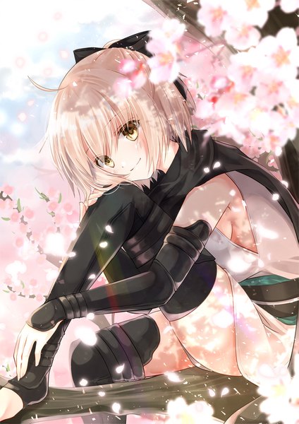 Anime picture 1061x1500 with fate (series) koha-ace okita souji (fate) (all) okita souji (koha-ace) iroha (shiki) single tall image looking at viewer fringe short hair light erotic blonde hair sitting yellow eyes ahoge light smile cherry blossoms half updo tree sitting girl