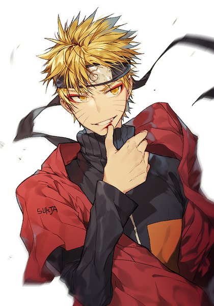 Anime picture 700x1000 with naruto studio pierrot naruto (series) uzumaki naruto sorolp single tall image short hair simple background blonde hair smile white background signed yellow eyes upper body facial mark finger to mouth whisker markings jinchuriki boy