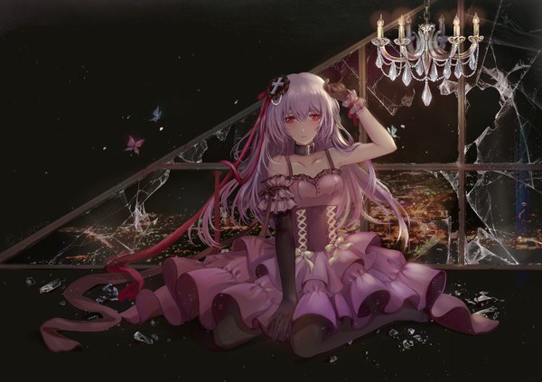 Anime picture 1449x1022 with original lapis (13567118) single long hair looking at viewer blush fringe hair between eyes red eyes sitting purple hair full body indoors no shoes black background wariza hand on head lolita fashion city lights broken glass