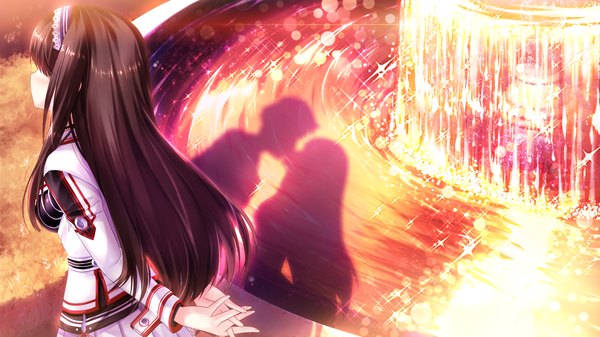 Anime picture 1280x720 with hoshi no ne sanctuary shinryouji hisui naruse hirofumi long hair blush black hair wide image game cg profile shadow couple evening sunset hands behind back kiss hair over eyes girl boy skirt uniform