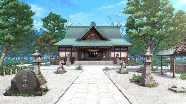 Anime picture 2560x1440 with shirogane otome kamiya tomoe highres wide image game cg sky no people landscape plant (plants) tree (trees) shrine