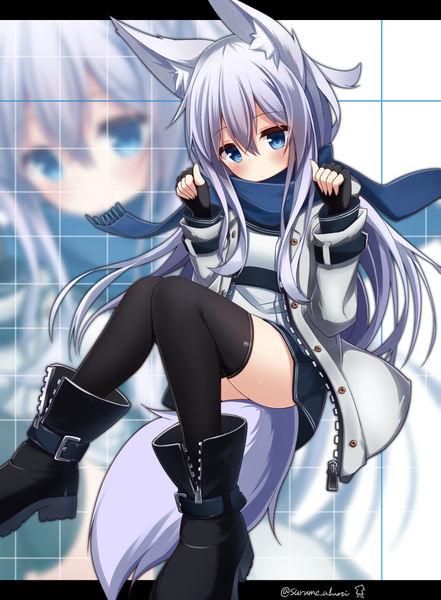 Anime picture 925x1258 with kantai collection hibiki destroyer verniy destroyer surume aburi single long hair tall image looking at viewer blush fringe blue eyes light erotic hair between eyes signed animal ears silver hair bent knee (knees) tail animal tail pleated skirt