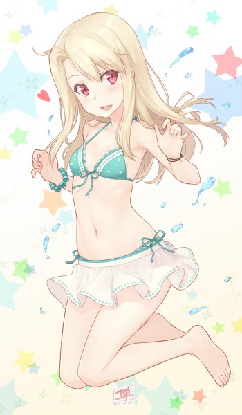 Anime picture 700x1200 with fate (series) fate/kaleid liner prisma illya illyasviel von einzbern dan (kumadan) single long hair tall image blush fringe open mouth light erotic simple background blonde hair smile hair between eyes red eyes bare shoulders signed payot looking away