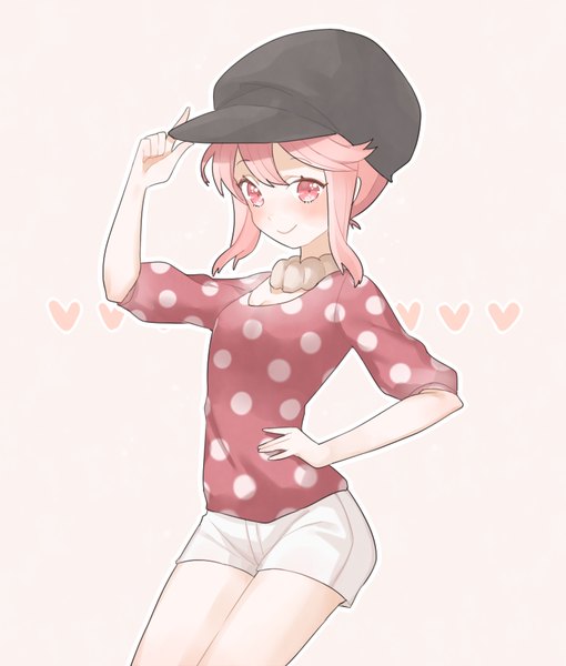 Anime picture 850x1000 with kill la kill studio trigger jakuzure nonon marin (myuy 3) single tall image looking at viewer blush short hair simple background smile payot pink hair pink eyes hand on hip pink background polka dot girl hat shorts